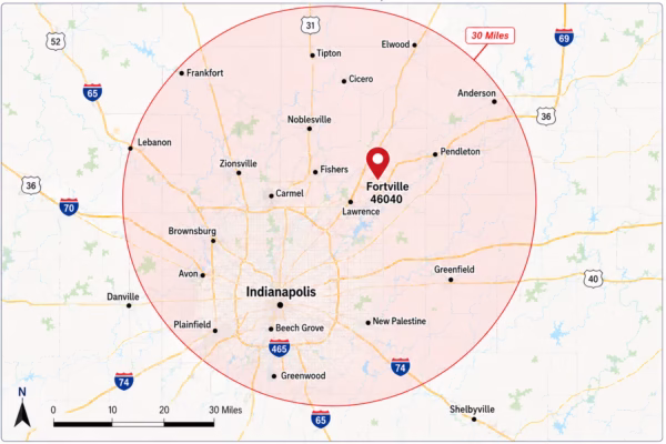 30-mile service radius map from ZIP code 46040 in Fortville, Indiana, showing nearby areas including Fishers, Noblesville, Indianapolis, Anderson, Greenfield, and Lebanon.