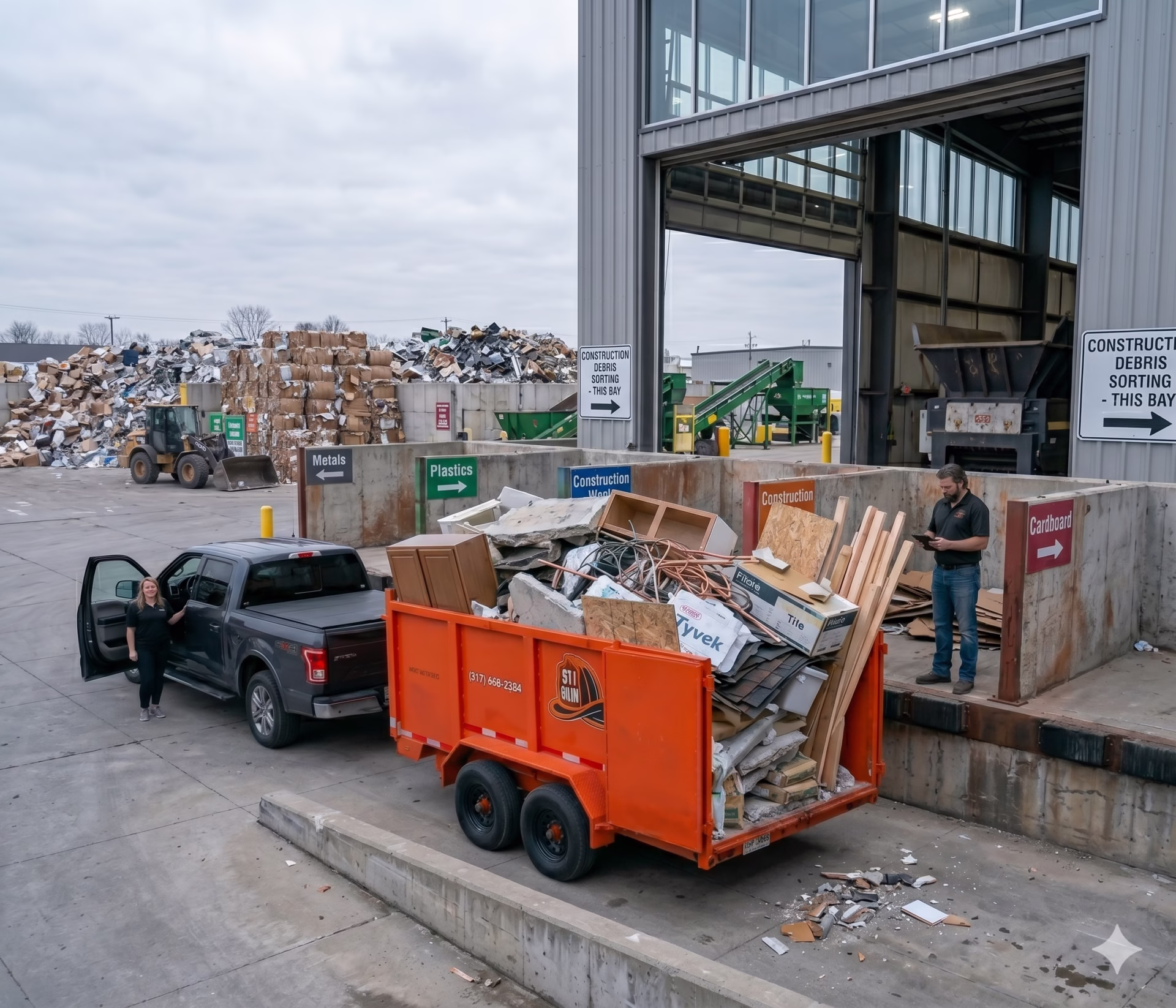 A 911 Junk orange dump trailer loaded with building materials and renovation scraps at a local construction debris recycling and sorting facility facility in the Indianapolis area.