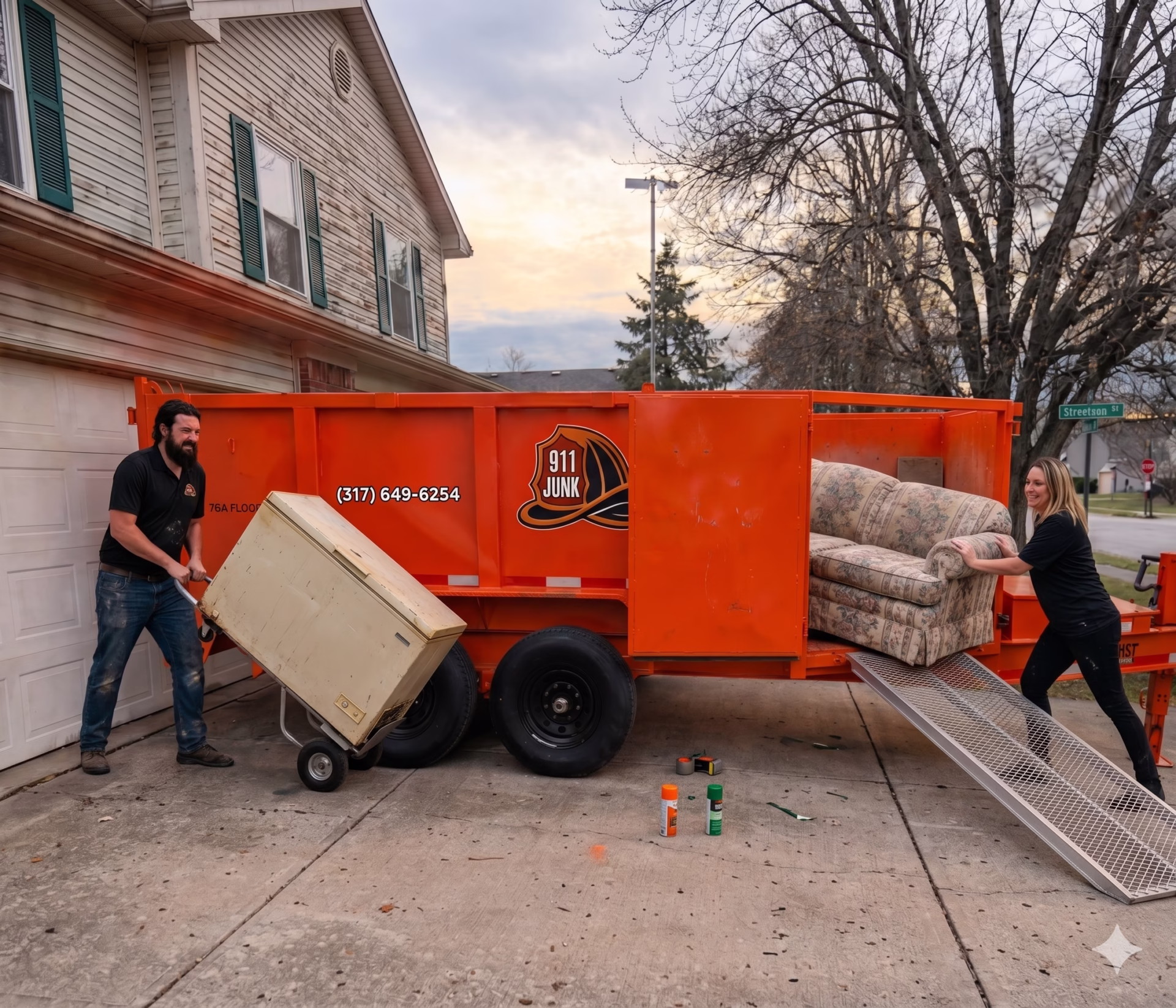 911 Junk crew loading furniture and an old appliance into an orange junk removal trailer during a residential cleanout