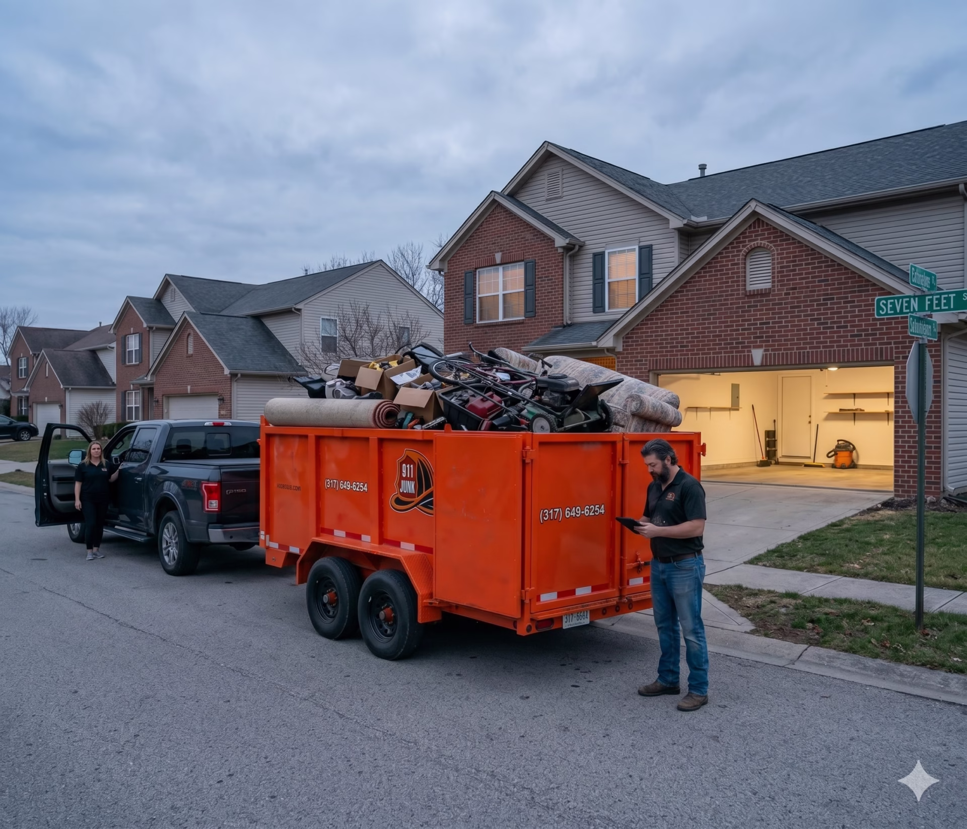 A 911 Junk bright orange dump trailer loaded with construction debris, remodeling scraps, lumber, and drywall outside a suburban home driveway in Carmel, Indiana.