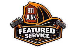 911 Junk logo badge featuring a fireman helmet and hammers with text reading Featured Service.